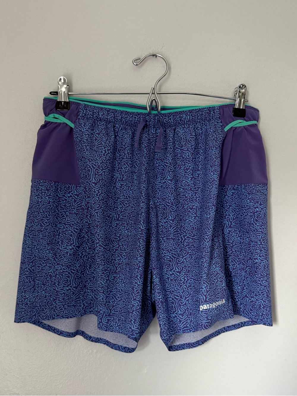 Patagonia Men's Strider Pro Shorts 5" Purple Squiggle Print Lined Running Med